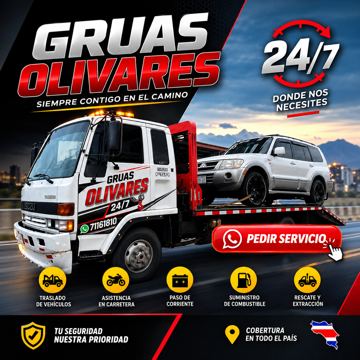 Grúas Olivares, servicio de grúa 24/7 en Costa Rica