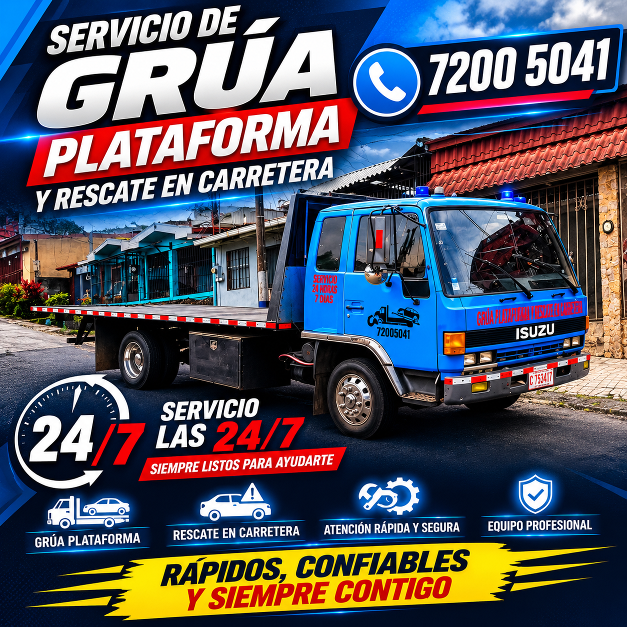 Servicio de grúa plataforma 24/7 en Alajuela